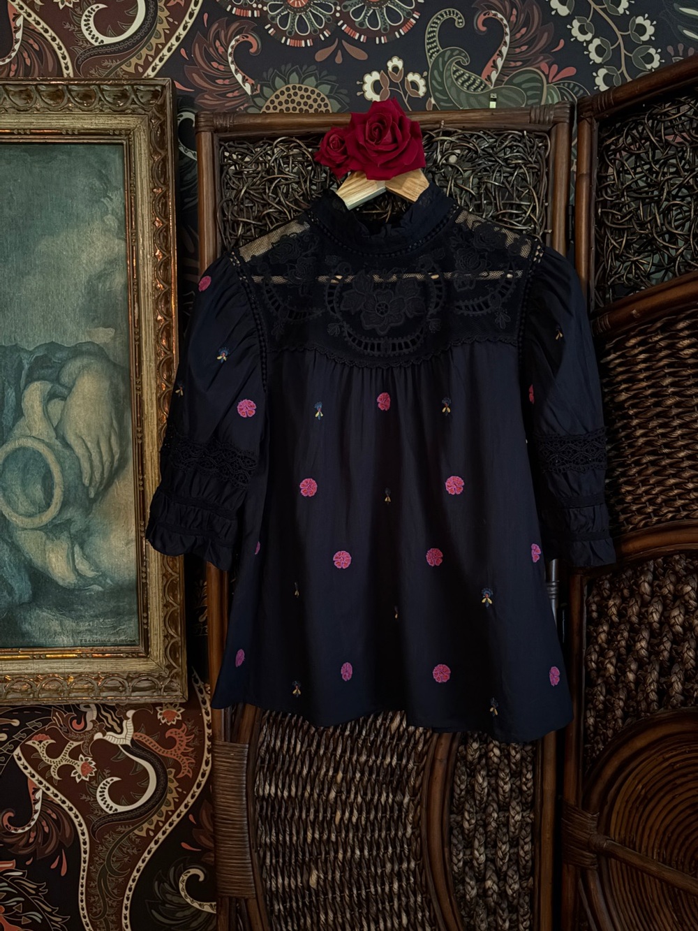 Maeve Anthropologie Black Embroidered Lace Yoke Victorian Blouse XS